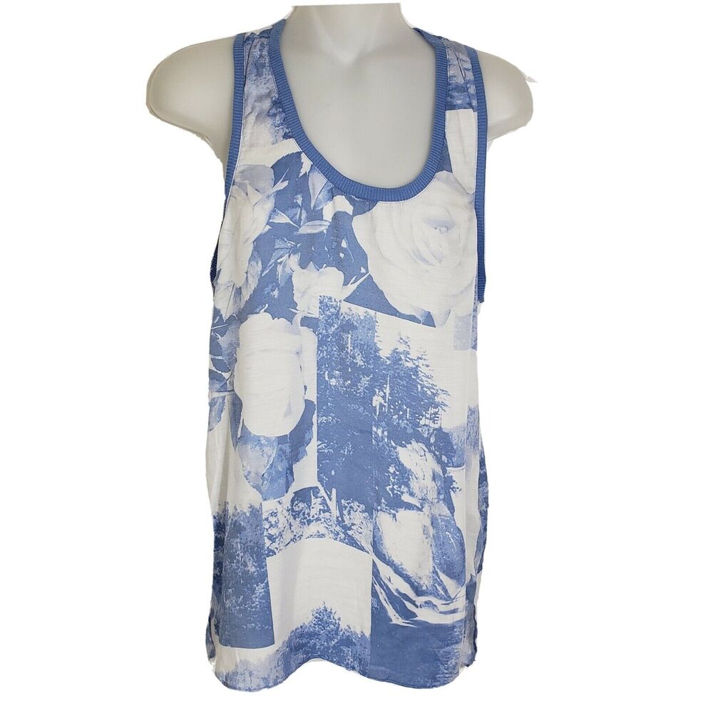 Simply Vera Vera Wang Women's Tank Top Small White Blue Floral Sleeveless Razor